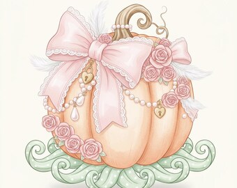 Pastel Pumpkin Clipart: Pink Bow, Shabby Chic Cottagecore (PNG Printable)