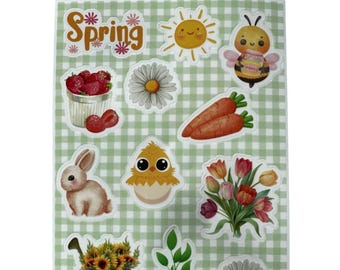 春のステッカーシート | 花柄、うさぎ、ひよこ、ハチの透明ステッカー