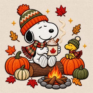 May include: An embroidered design featuring Snoopy wearing an orange, green, and white knit hat and scarf, holding a mug with a red maple leaf. Beside Snoopy sits Woodstock on a pumpkin. The scene includes pumpkins, a campfire, and leaves.
