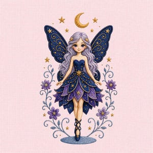 May include: An embroidered design on light pink fabric featuring a fairy with lavender hair, dark blue wings, and a layered blue and purple petal skirt. The figure is surrounded by purple flowers, gold stars, and a gold crescent moon above.