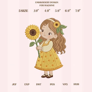 May include: An embroidery design for machine featuring a cartoon girl holding a sunflower. The girl wears a yellow dress with polka dots and has long brown hair. The design is available in 5 sizes, ranging from 3.9" to 7.9".