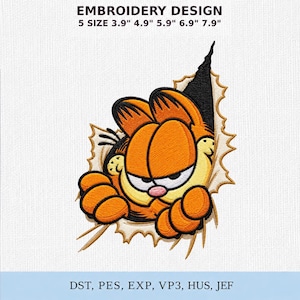 May include: An embroidery design featuring a cartoon orange cat with black stripes peering through a jagged, torn-paper effect. Text reads: EMBROIDERY DESIGN 5 SIZE 3.9" 4.9" 5.9" 6.9" 7.9" and file formats: DST, PES, EXP, VP3, HUS, JEF.