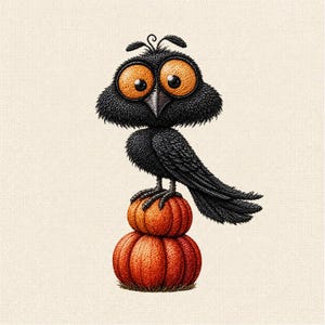 Op de afbeelding: Een zwarte vogel met grote, ronde, oranje ogen en een puntige snavel die op een stapel van twee oranje pompoenen staat. De vogel heeft een getextureerd verenkleed en een klein plukje veren op de kop, tegen een effen, lichte achtergrond.
