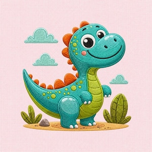 May include: An embroidered design featuring a teal dinosaur with orange dorsal plates, a light green belly, and large eyes. The dinosaur stands on a tan patch of ground with green plants, a small gray rock, and three light blue clouds on a pink background.