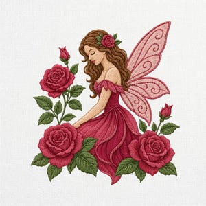 May include: An embroidered design of a fairy in a red dress with pink wings, surrounded by red roses and green leaves. The fairy has brown hair and a rose in her hair. The image is on a white background.