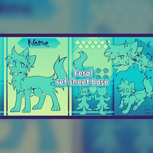 May include: A teal-colored feral cat reference sheet base with multiple poses. The sheet includes a full body pose, headshots, and a small character design. Text includes "Name" and "Feral ref sheet base".