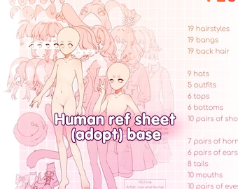 Anime Adoptera Mänsklig Karaktär Referensblad Bas P2U Linjärt med Outfits Hårstjärtar