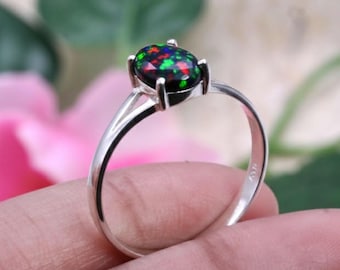 925 Sterling Silver Black Opal Ring Handmade Natural Opal Jewellery, Dainty Silver Ring,October Birthstone Anniversary,Birthday Gift for Her