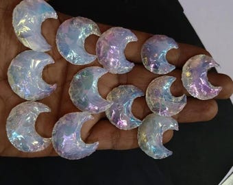 Angel Aura Quartz Moon Cabochon, Platinum Coated, AAA Quality, 25-30 MM, Cabochon For Gemstone