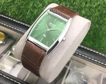 Vintage Seiko Tank Watch: Forest Green Dial, Brown Leather Strap