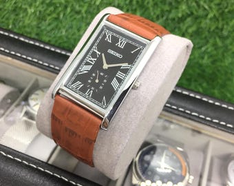 Vintage Seiko Tank Side Second Quartz Black Dial Tan Coloured Leather Strap Wrist Watch