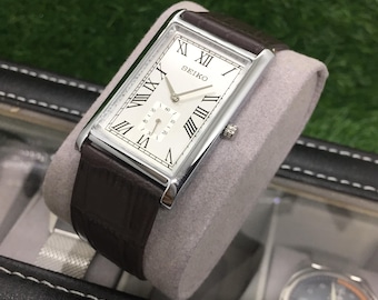 Vintage Seiko Tank Side Second Quartz Silber Zifferblatt Braun Lederarmband Armbanduhr