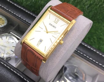 Vintage Seiko Tank Quartz Date Featured White Dial Tan Coloured Leather Strap Wrist Watch