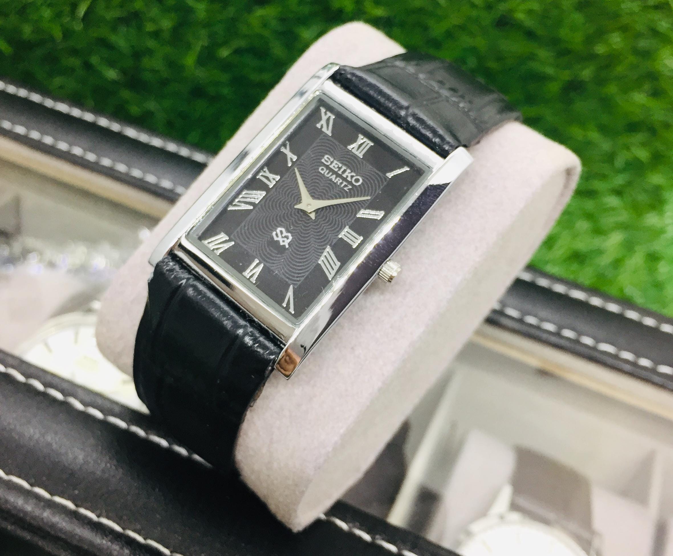 Buy Vintage Seiko Tank Watch: Black Roman Dial, Leather Strap
