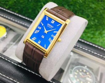 Vintage Seiko Tank Watch: Roman Dial, Brown Leather Strap, Blue & Golden, Wrist Watch