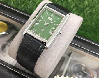 Vintage Seiko Tank SQ Quartz Green Dial Black Coloured Leather Strap Wrist Watch