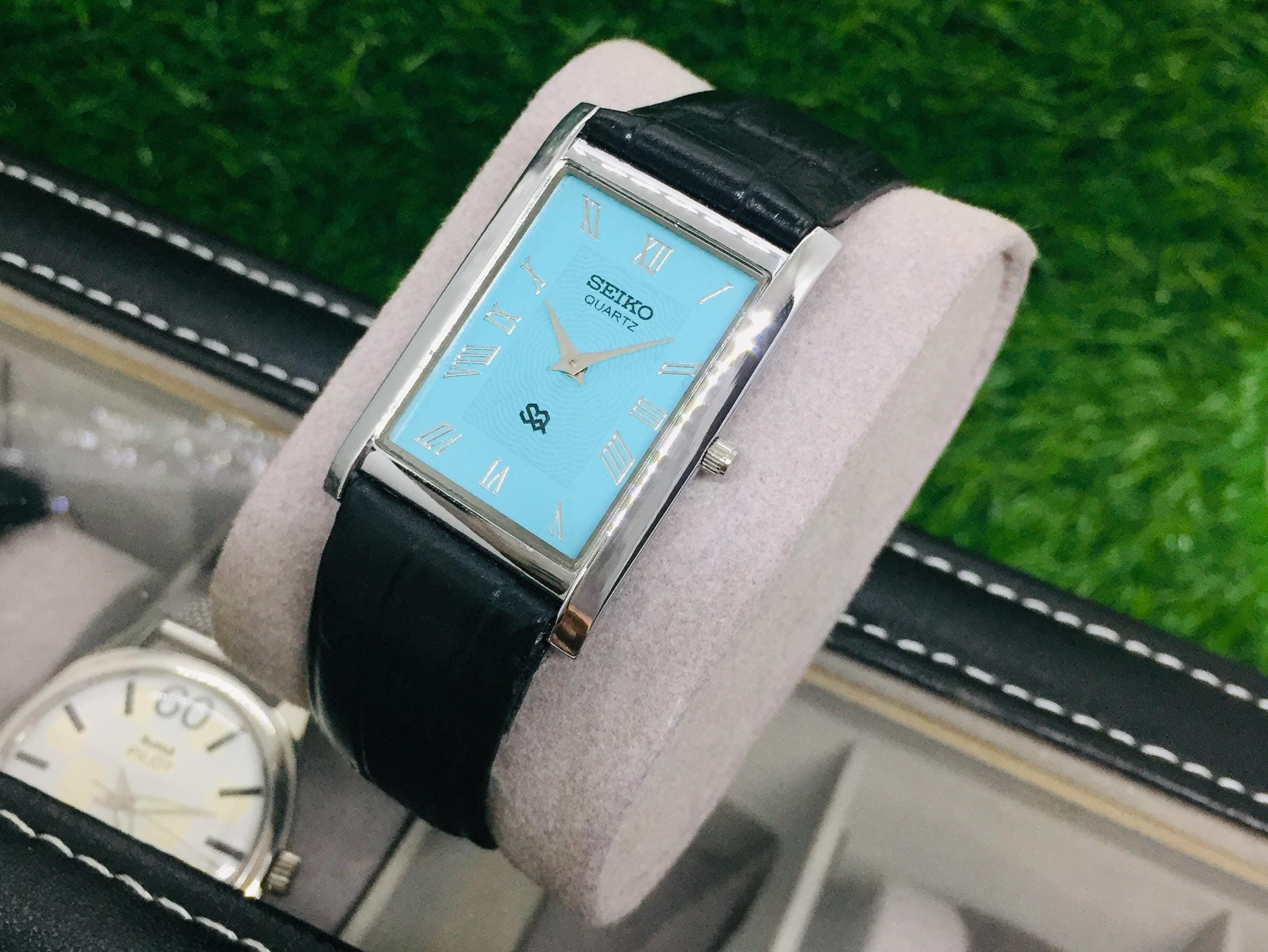 Vintage Seiko Tank Watch: Tiffany Roman Dial, Black Leather Strap