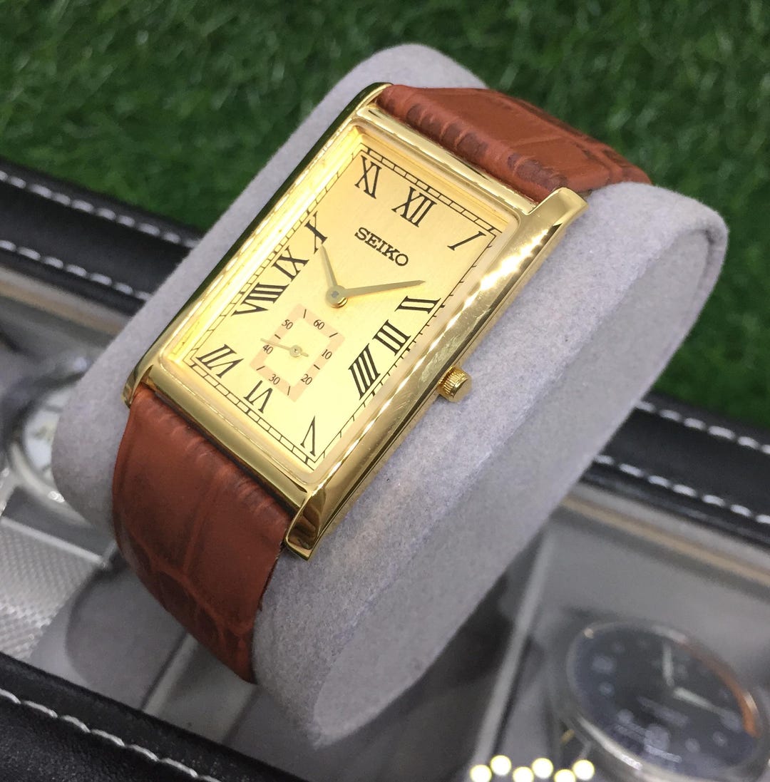 Vintage Seiko Tank Side Second Quartz Golden Dial Tan Coloured
