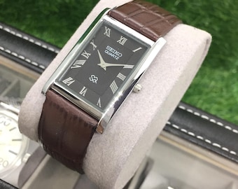 Vintage Seiko Tank Watch: Black Roman Dial, Brown Leather Strap, Wrist Watch