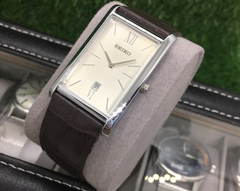 Vintage Seiko Tank Watch: White Dial, Brown Leather Strap