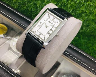 Vintage Seiko Tank Watch: White Roman Dial, Black Leather Strap, Wrist Watch