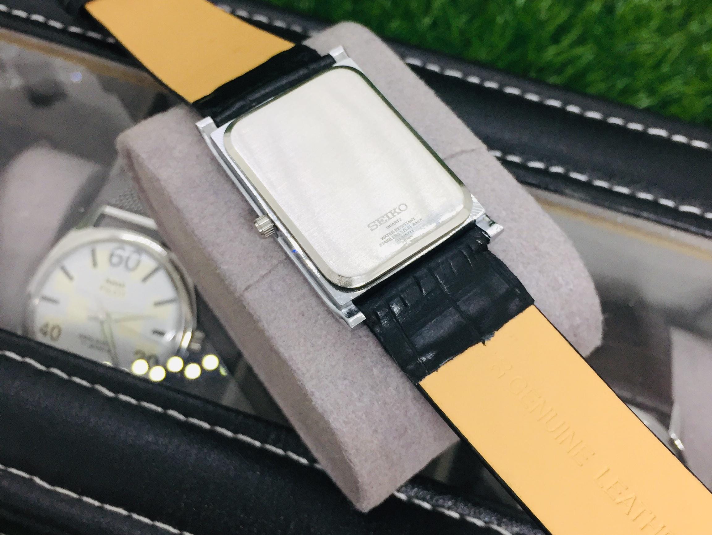 Vintage Seiko Tank Watch: Tiffany Roman Dial, Black Leather Strap