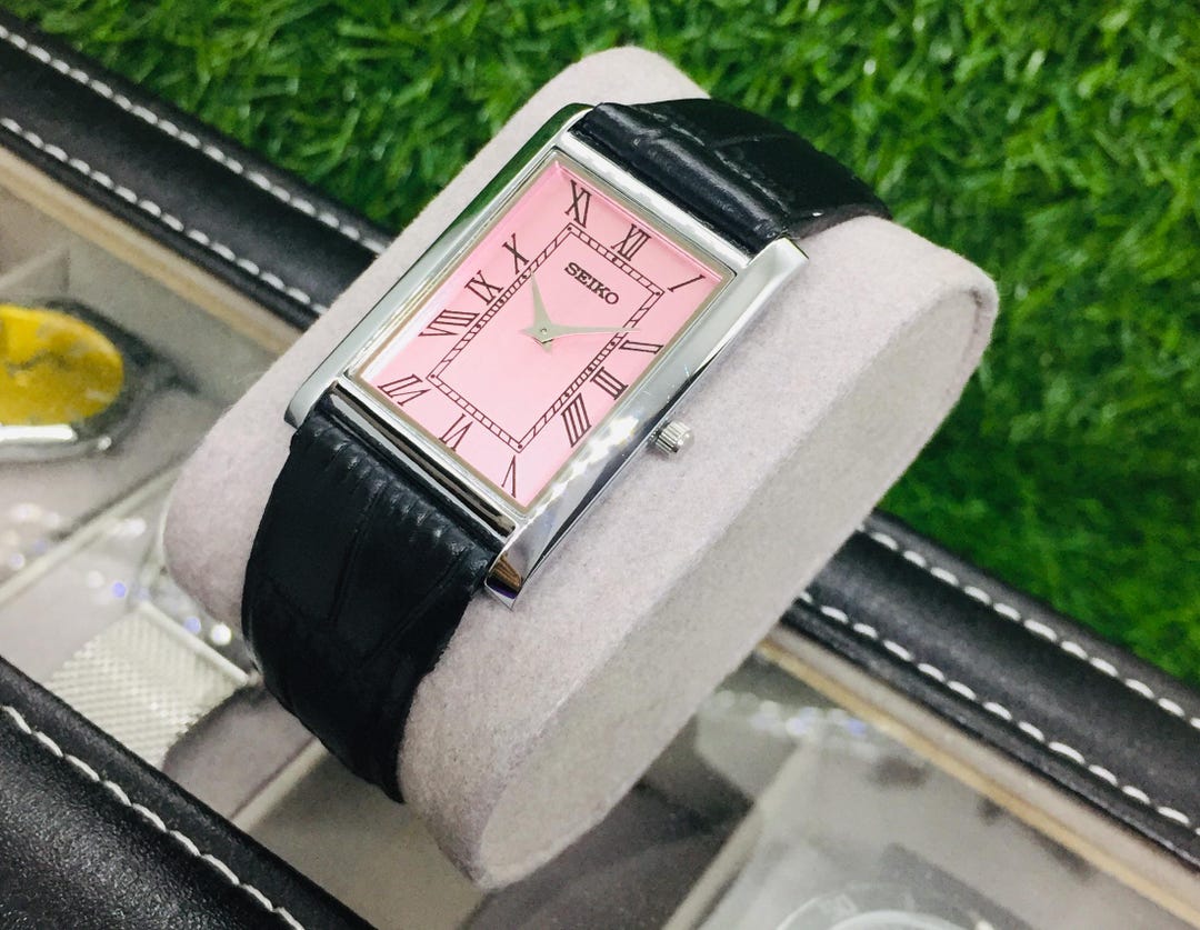 Vintage Seiko Tank Watch: Pink Roman Dial, Black Leather Strap