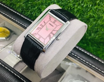 Vintage Seiko Tank Watch: Pink Roman Dial, Black Leather Strap, Wrist Watch