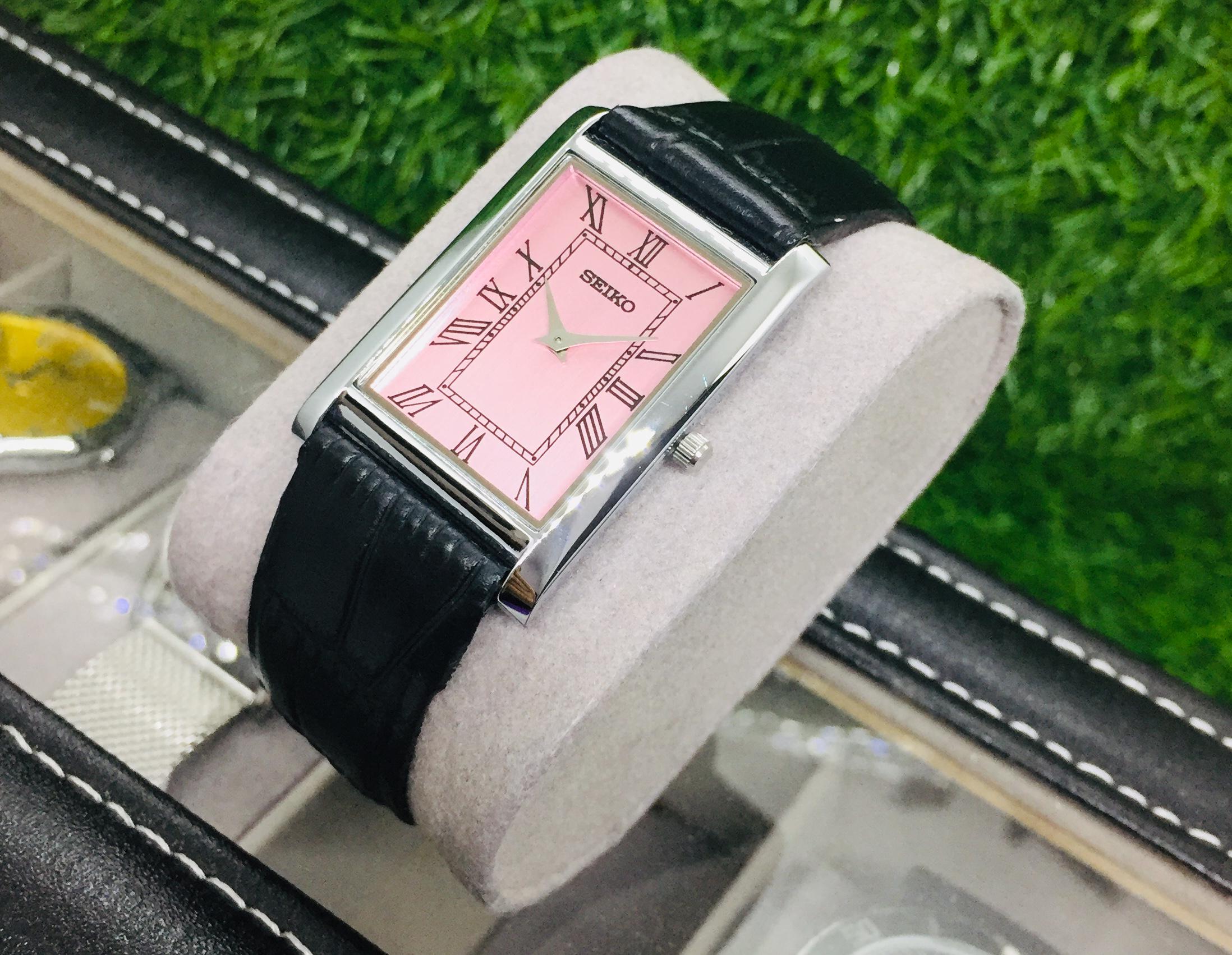 Vintage Seiko Tank Watch: Pink Roman Dial, Black Leather Strap