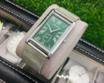Vintage Seiko Tank Watch: Green Roman Numeral Dial, Stainless Steel Bracelet