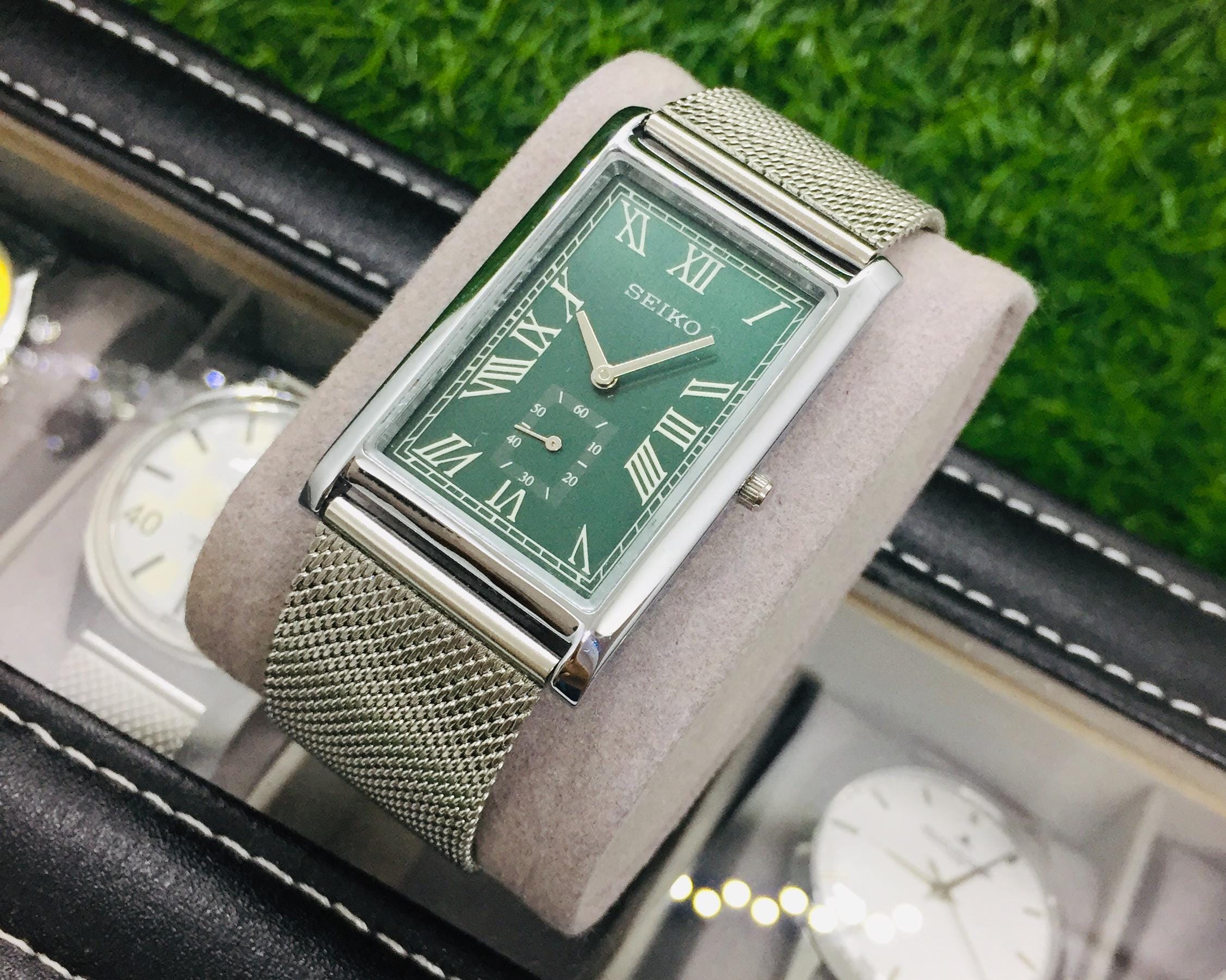 Vintage Seiko Tank Watch: Green Roman Numeral Dial, Stainless Steel Bracelet