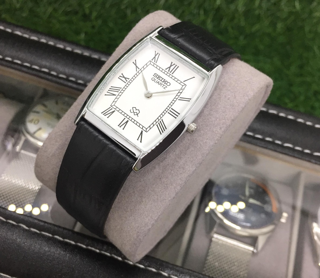 Vintage Seiko Tank Watch: Quartz Roman Dial, Black Leather Strap