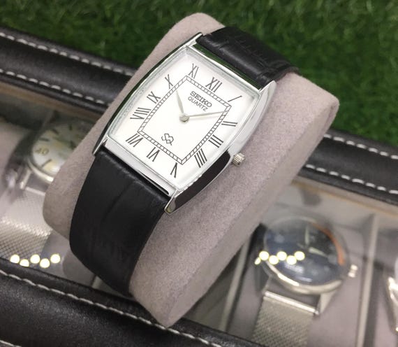 Vintage Seiko Tank Watch: Quartz Roman Dial, Black Leather Strap
