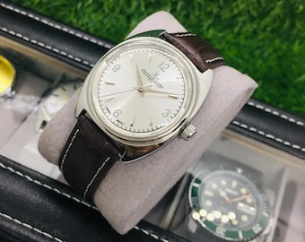 Vintage 1960s Jaeger LeCoultre Club : Silver Dial. Manual-Winding, Brown Leather Strap, Wrist Watch
