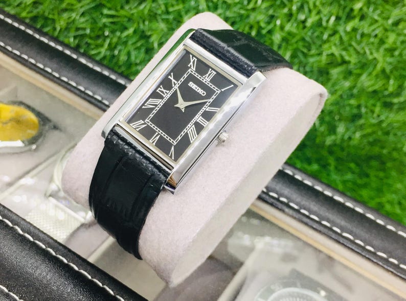 Vintage Seiko Tank Watch: Black Roman Dial, Leather Strap, Wrist Watch