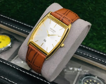 Vintage Seiko Barrel Tank Watch: White Dial, Tan Leather Strap, Wrist Watch