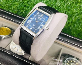 Vintage Seiko Tank Watch: Blue Dial, Black Leather Strap - Etsy