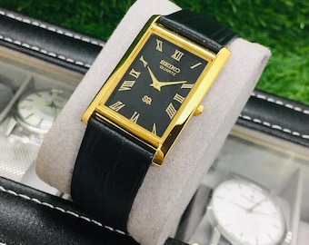 Vintage Seiko Tank Watch: Black Roman Numeral Dial, Leather Strap