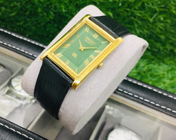 Vintage Seiko Tank Watch: Green Roman Numeral Dial, Black Leather