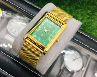 Vintage Seiko Tank Watch: Green Roman Dial, Gold Shaffer Bracelet