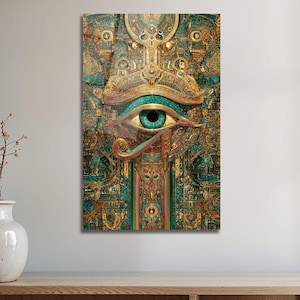 Auge des Horus Glaswandkunst - Ägyptisches Auge Wandkunst - Heiliges Symbol gehärteter Glasdruck - Mystische Goldgrüne Dekoration - Horus Auge Luxus