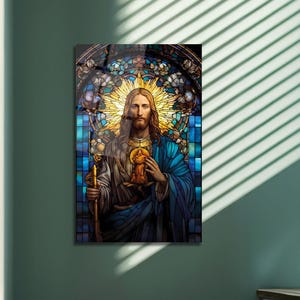 Jésus-Christ, oeuvre d'art murale en verre, oeuvre d'art murale religieuse, décoration d'intérieur chrétienne, Sacré-Cœur de Jésus, Vitrail, Tenture murale de Jésus, décoration d'intérieur