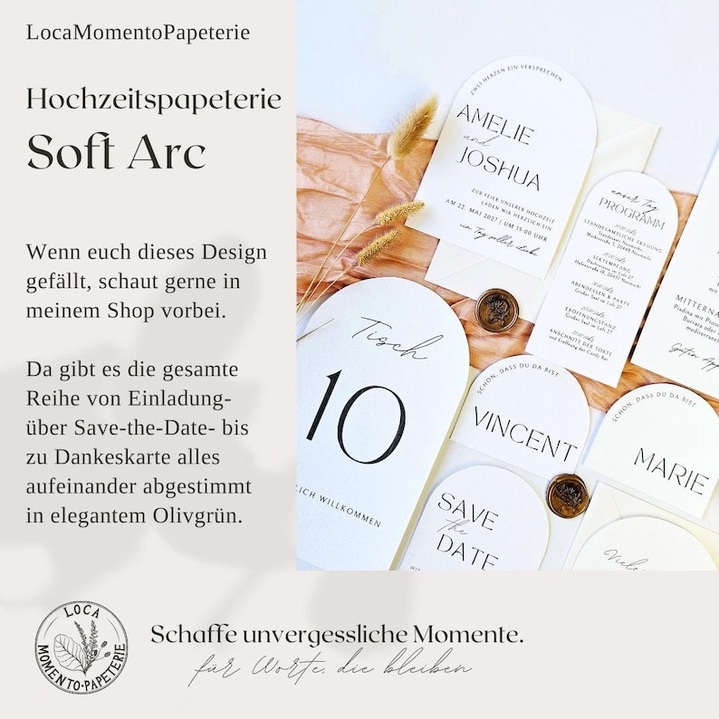 May include: White wedding stationery with black text, including invitations, table numbers, and place cards. The design features an arched shape and is accented with wax seals and dried flowers. The text includes "Amelie and Joshua" and "Save the Date."