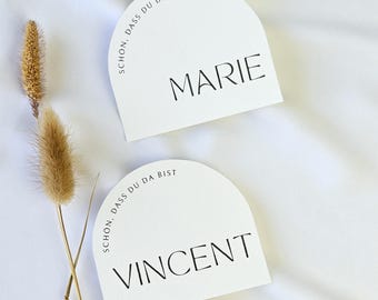 Segnaposto per matrimonio "Soft Arc", moderni biglietti da visita boho a forma di arco, decorazione minimalista per la tavola
