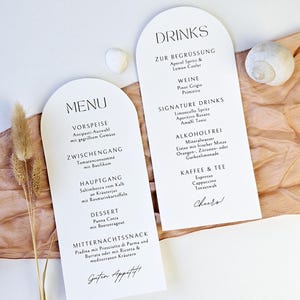 Elegant trouwmenu en drankkaartjes, Soft Arc moderne boho tafeldecoratie in een gebogen vorm.