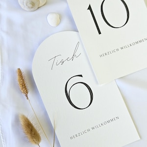 May include: Two white arched table number cards with black numerals 6 and 10. The word "Tisch" is written in script above each number. The phrase "HERZLICH WILLKOMMEN" is printed below the numbers. Seashells and dried grass are also visible.