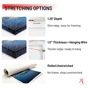 May include: Image showcasing canvas stretching options. Includes a 1.25" depth option with a slim edge for framing, a 1.5" thickness with hanging wire, and a rolled, unstretched option. Text reads "STRETCHING OPTIONS".