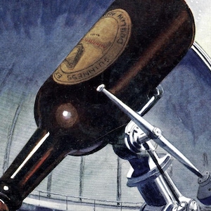 May include: An illustration of a Guinness beer bottle mounted on a telescope. The bottle is dark brown with a gold label. The telescope is silver and has a complex mechanical design, set against a blue background.