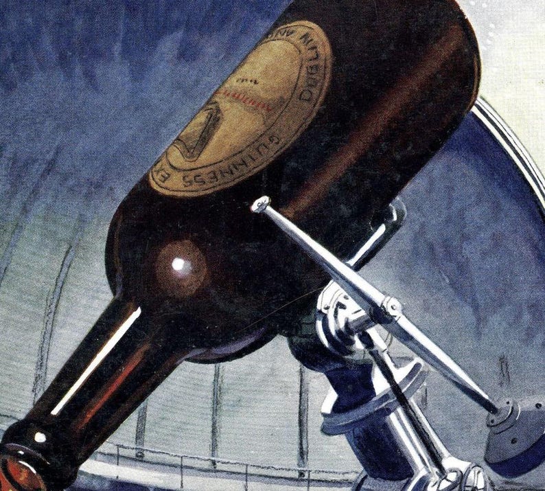May include: An illustration of a Guinness beer bottle mounted on a telescope. The bottle is dark brown with a gold label. The telescope is silver and has a complex mechanical design, set against a blue background.