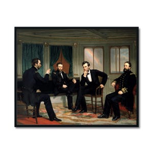 May include: A framed print of a historical painting depicting four men in formal attire. The men are seated in a room with a rainbow visible through a window. The painting is set in a black frame.
